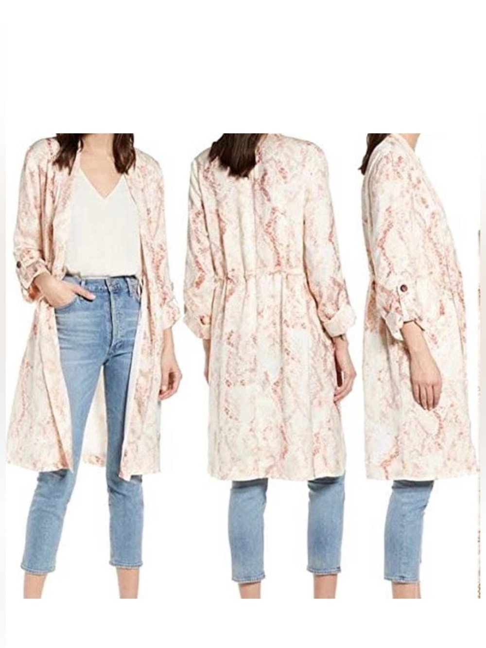 cupcakes & cashmere Neptune Snake-Print Satin Trench in Blush & Cream